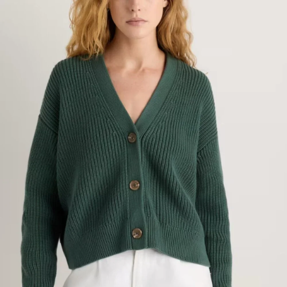 Quince Green Fisherman Boxy Cropped Cardigan Sweater XS Boxy - Picture 1 of 2